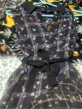 Vera Wang Black Plaid Floral Belted Asymmetrical Dress